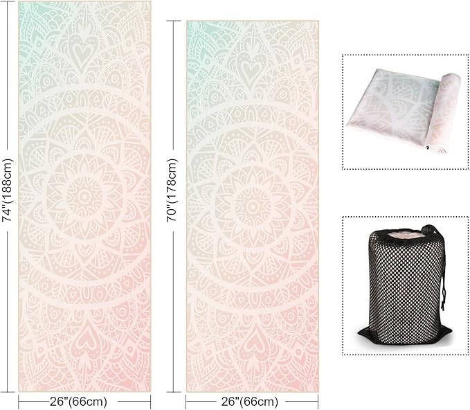 Colorful Star Large Yoga Towel with Corner Pockets, Non Slip Grip Dots Sweat Absorbent Hot Yoga Mat Towels, Yoga Blankets with Travel Bag, Mat Cover for Workout, Gym, Fitness - 74"x26", Pink Mandala