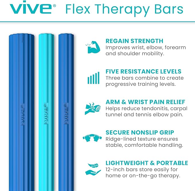 Vive Flex Therapy Bars (3 Pack) - Twist Resistance Hand Grip Strength Trainer for Injury Recovery, Tennis Elbow, Golfers, Tendonitis Pain - Weighted Strengthening Multi Pack