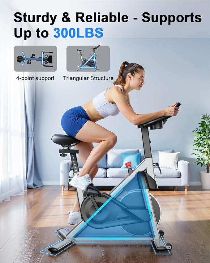 Superun Exercise Bike, Stationary Bikes for Home with Brake Pad, Low Noise Spin Bike with 300LBS Weight Capacity, Indoor Cycling for Home Gym with Pad Mount LCD Monitor and Cup Holder