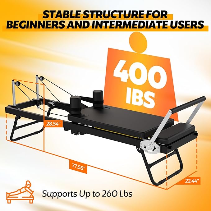 Foldable Pilates Reformer for Home Use, Portable Pilates Machine Reformer with Adjustable Resistance, Springs and Cords, Compact, Lightweight, Perfect for Home Gym, Maximum Load 400 LBS