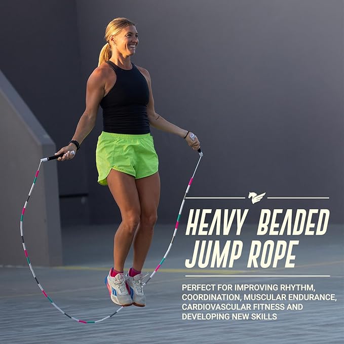 Elite Jumps - Heavy Beaded Jump Rope - 6.5oz Weighted Jump Rope for Women - Durable & Heavy Resistance - 10ft Long Adjustable Rope - Tangle-Free - Shatterproof 2” Beads - Long 8” Handles