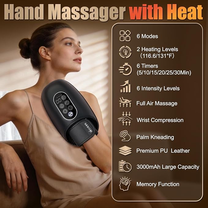 Hand Massager with Heat and Compression, Hand Massage for Arthritis and Carpal Tunnel Relief, 6 Intensities with Wrist Massager and Kneading Massage Nodes, Mother's Day Gifts for Men Women