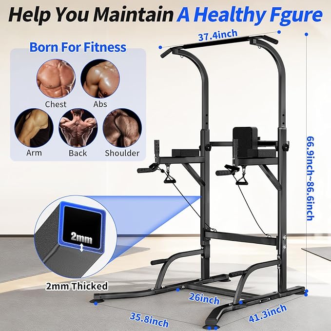 Pull Up Bar Power Tower Dip Station, Adjustable Strength Training Equipment for Home Gym Workout, Multi-Function Pull Up and Dip Bar