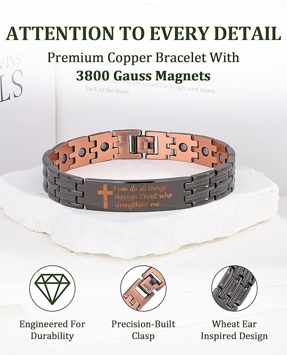 Magnetic Bracelet and Ring Set for Men, 99.99% Pure Copper Jewelry, Adjustable Cross & Celtic Knot Design, Gift for Dad