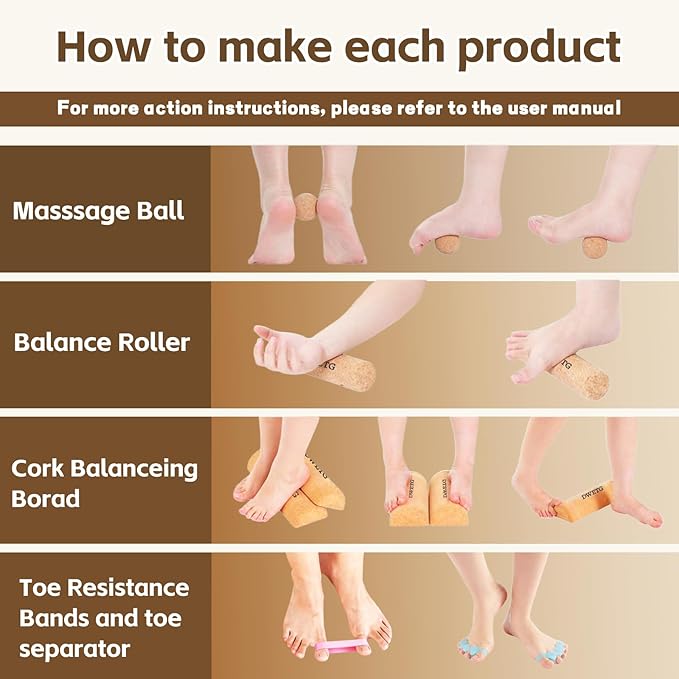 Cork Balance Board Foot Recovery & Balance Training Kit with Toe Separators, Massage Ball & Resistance Bands Plantar Fasciitis Relief, Foot Strengthening, Stability & Mobility for Sports & Outdoors