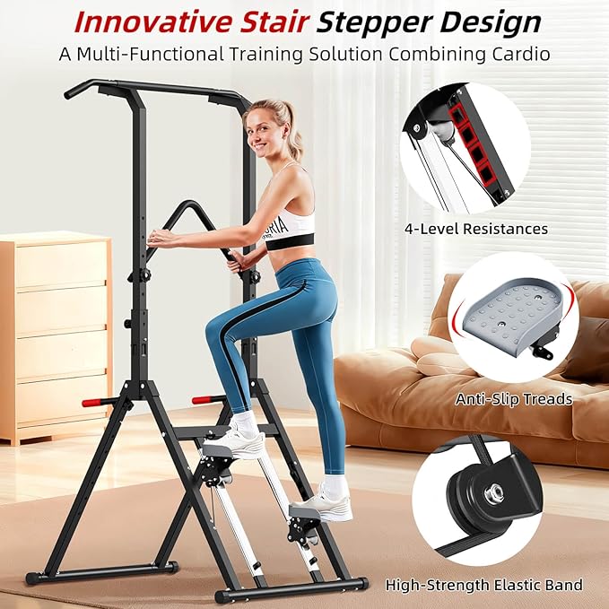 Pull Up Bar Free Standing with Stair Stepper, Adjustable Power Tower Dip Station, Multi-functional Strength Training Pull-up Bars for Home Gym Equipment