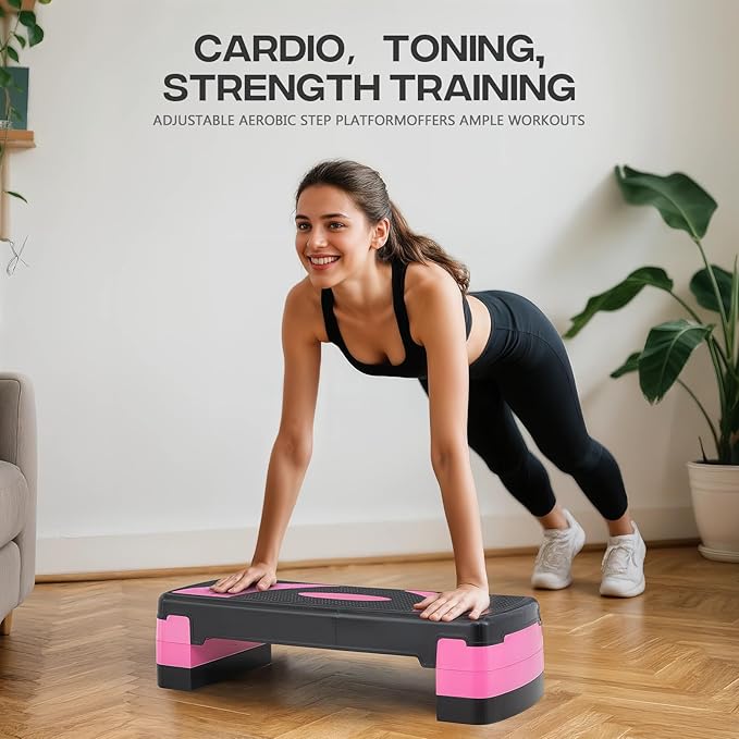 31" Aerobic Exercise Step Platform, Step Up Exercise Platform with 4" 6" 8" Adjustable Risers, Stair Stepper Workout Stepper for Home Gym Strength Training Fitness Equipment