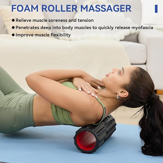 5 in 1 Foam Roller Set - Foam Roller for Legs, Muscle Roller Stick, Massage Ball, Resistance Band for Physical Therapy & Deep Tissue Muscle Massage (Black)