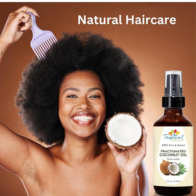 Tropical Holistic Fractionated Coconut Oil 4 oz - 100% Pure Organic Cold Pressed Unscented Liquid Coconut Oil for Skin, Hair, Nails, Massage, Carrier Oil for Aromatherapy, Aceite de Coco