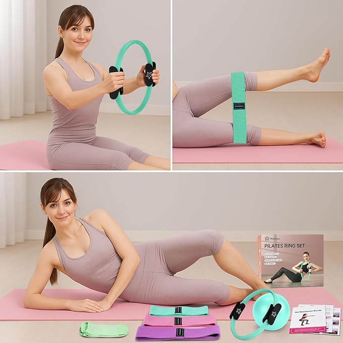 Pilates Essentials Kit for Home Women, Ring and Ball Set, Pilates Equipment for Workouts, 3 Resistance Bands, Grip Socks, 14 Inch Magic Circle, Mini Exercise Ball, Great Exercise Equipment