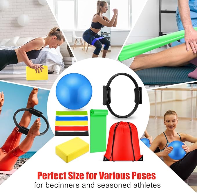 10 Pcs Home Pilates Ring Set for Women Yoga Equipment Accessories Pilates Ring Circle and Ball Workouts Gift Include Ball Yoga Circle Resistance Bands Block Straps Gym Bag