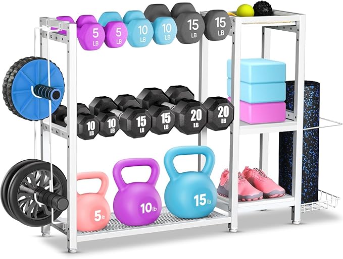 3-Tier Dumbbell Rack Stand Only - Adjustable Weight Rack for Home Gym, Heavy-Duty Weight Stand for Dumbbells Kettlebells Foam Roller Yoga Mats, Workout Equipment Storage Organizer With Hooks