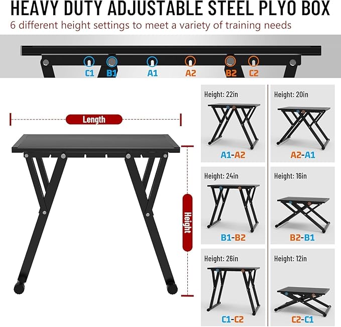GanFindX Adjustable Steel Plyometric Box，Six Height Settings 12''-26'' Steel Plyo Box Home Gym Jump Trainer for Fitness Exercise Agility Stamina Conditioning Strength Training