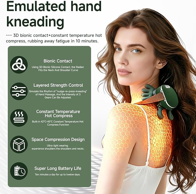 Shoulder Hand Neck Massager Fingers with Heat Simulated Human Hand Design Masajeador De Espalda Y Cuello for Pain Relief Deep Tissue and Back Pain Relief-Green