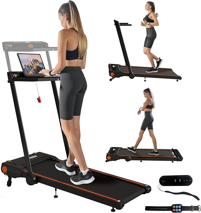 Treadmill with Incline, 3 in 1 Under Desk Treadmill Walking Pad with Removable Desk Workstation 3.5HP Foldable Compact Walking Treadmills for Home Small Office with Wristband Remote Control