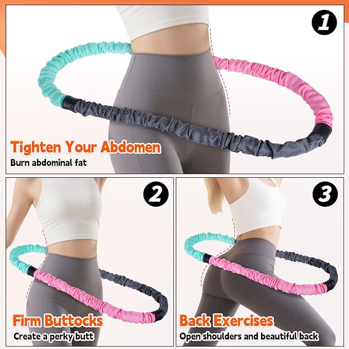 3.4lb Soft Spring Fitness Hoop for Adults, Scientifically Weighted, with Resistance Band, Soft Fabric Padding (Comfort & Protection), Full Body Exercise Equipment for Weight Loss