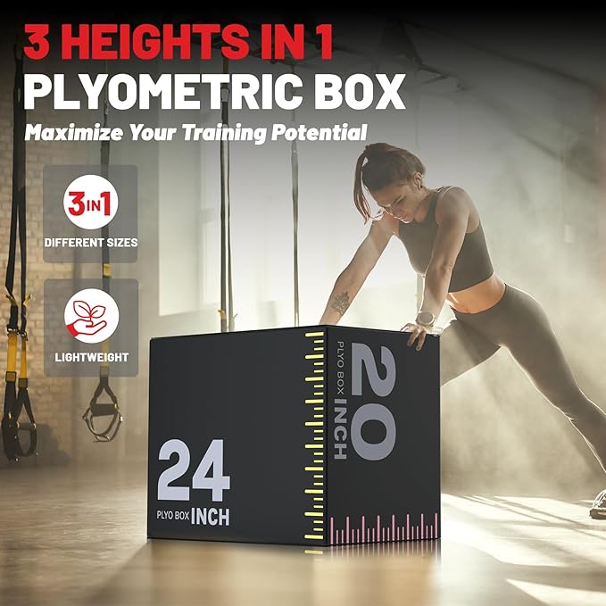 papababe 3-in-1 Plyometric Jump Box Workout Equipment, Box Jumps for Home Gym, Trainer with Anti Slip Surface and High Density Foam, Box Height: 20", 24", 30"