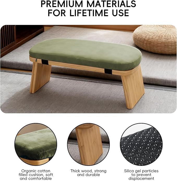 Natural Beech Wood Yoga Bench, Ergonomic Design for Kneeling, Meditation, Pilates, FSC Certified (Green)