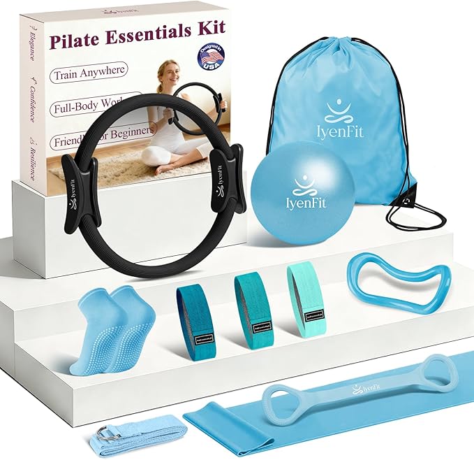 Pilates Ring and Small Ball Set for Women with 5 Resistance Bands, 14 inch Magic Circle Home Workout Essentials Starter Kit for Beginners, Yoga Sets for Full Body Toning Shape