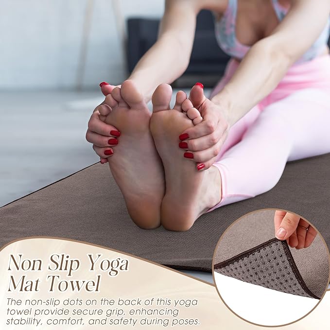 3 Pack Non Slip Hot Yoga Mat Towel with Grip Dot and Secure Fit Elastic Straps 72" x 26" Microfiber Yoga Towel Absorbent Sweat for Pilates Fitness (Beige Dark Gray Coffee)