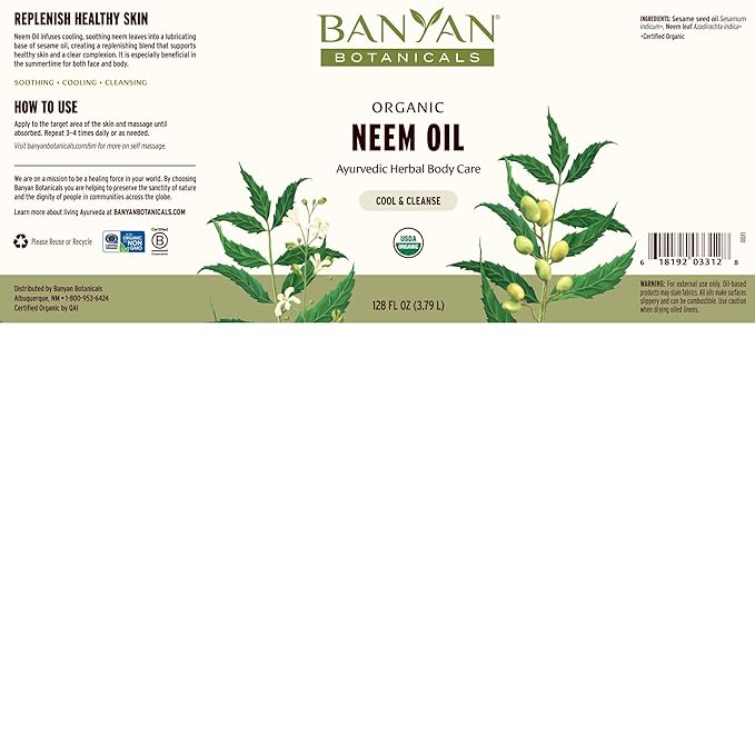 Banyan Botanicals Neem Oil – Pure & Organic Neem Oil – Traditional Ayurvedic Neem Oil That Cools & Soothes – Supports Healthy Skin, Hair, Nails & More – 128oz. – Non GMO Sustainably Sourced Vegan