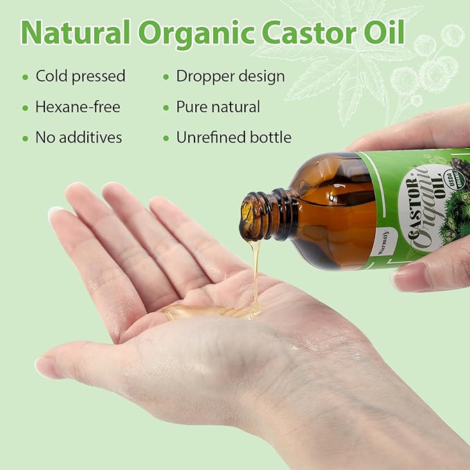 20 Pcs Castor Oil Patches with Organic Cold-Pressed Castor Oil (2.03oz) in Glass Bottle, Cotton Pack for Joints & Belly, Self-Adhesive & Disposable - Bonus Eyelash Care Kit