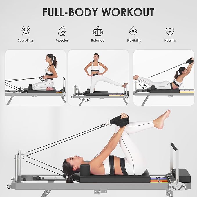 Pilates Reformer Machine, Foldable Pilates Equipment for Home Studio and Gym Workout, with Dual Resistance- Springs and Cords, Up to 400 lbs Weight Capacity,Cardio Fitness Rebounder