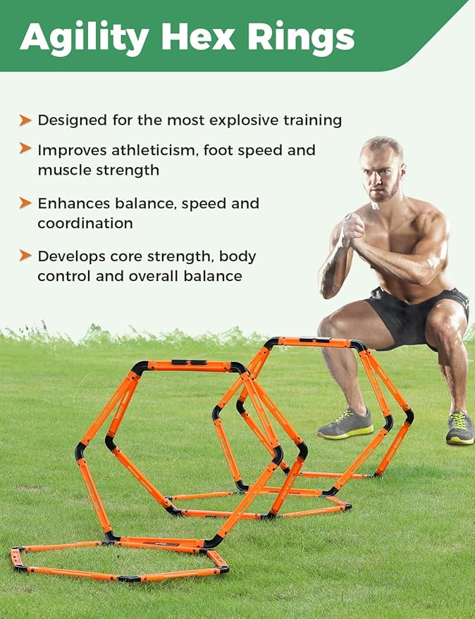 GHB Hex Agility Rings (6 Set) with Carry Bag, Portable Hexagon Speed Rings for Footwork Training, Football, Soccer, Boxing, Adjustable Layout for Drills & Fitness