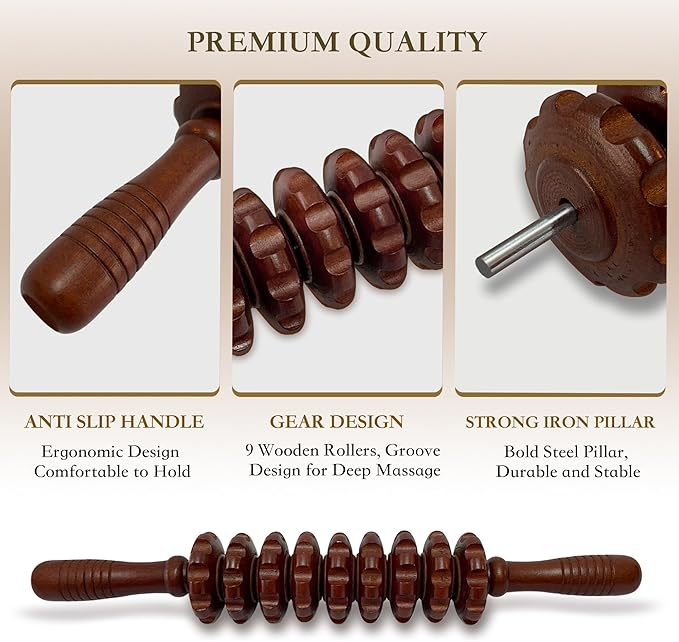 Wood Therapy Massage Roller Stick with Release Myofascial Trigger Points, Massager Tool for Cellulite Reduction, Muscle Tension and Lymphatic Drainage Physical Therapy Recover (Brown)