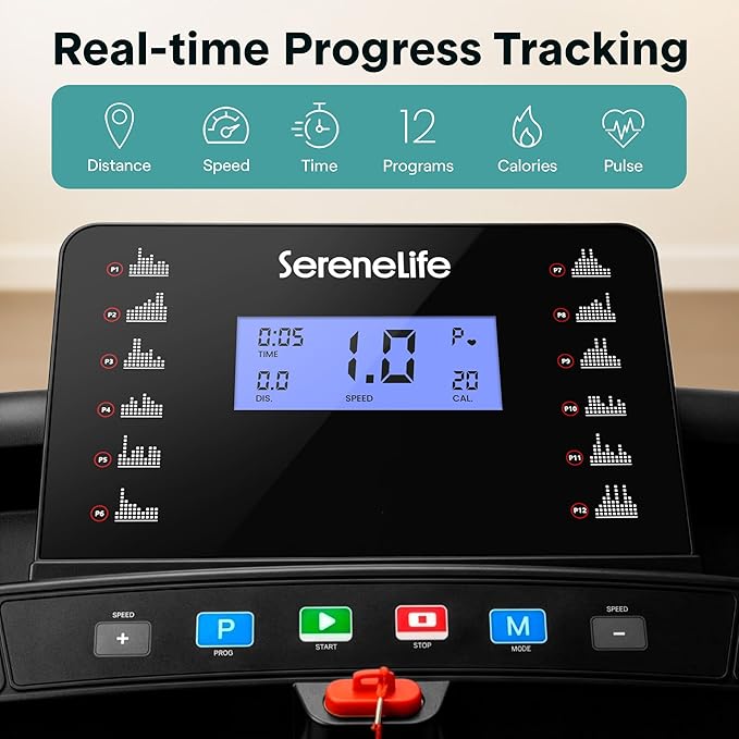 SereneLife Treadmills for Home with 13% Manual Incline Treadmill, 3.5HP - Compact Digital Portable Foldable Treadmill with Speakers, Bluetooth, App Sync, Heart Rate Monitor, for Walking, Running, Gym