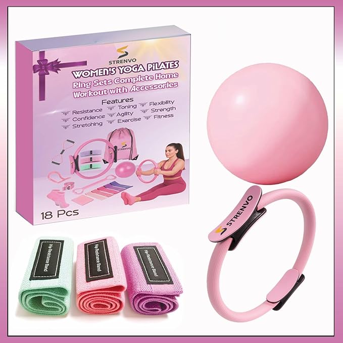 Yoga Pilates Ring Set for Home Workouts – 18 Pcs Fitness Kit for Women – Resistance & Toning Accessories with Circle Ring, Ideal for Full Body Toning & Flexibility