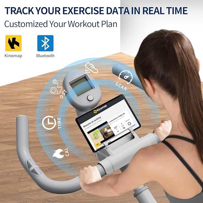 Exercise Bike with Exclusive Heart Rate Sensor and APP Sync, Stationary Bikes for Home with Continuously Variable Resistance, Compact Indoor Cycling Bike with Tablet Mount