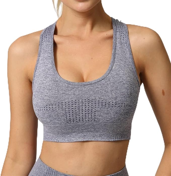 Yoga Set Seamless Women Long Sleeve Blouses Top Gym Sport Bra High Waist Tight Leggings Fitness Suit Shorts Sets (Color : Gray Bra, Size : Small)