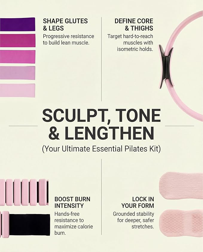 Pilates Equipment Kit for Home Workout, Pilates Kit, Pilates Ring Set, Pilates Ball, Adjustable Ankle And Wrist Weights, Resistance Bands, Grip Socks, Instruction Guides, Women Essentials Starter Set