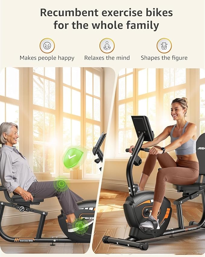JEEKEE Recumbent Exercise Bike for Seniors,Stationary Bikes for Home, 400LB Capacity & 16 Levels Magnetic Resistance, Heart Rate Handle