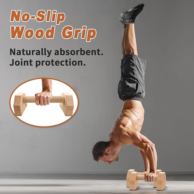 Wooden Parallettes 2 PCS Push Up Stand For Floor Calisthenics Bars Home, Handles Handstand Blocks Beech & Pine Wood Pushup Non-Slip Base Parallel Exercise Equipment For MenTrainers