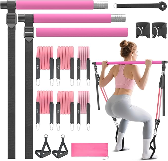 Pilates Bar Kit with Resistance Bands, Portable Pilates Bar for Home Gym Yoga & Full Body Workouts, Pilates Equipment for Women, Fitness Set for Strength Stretching Flexibility Training