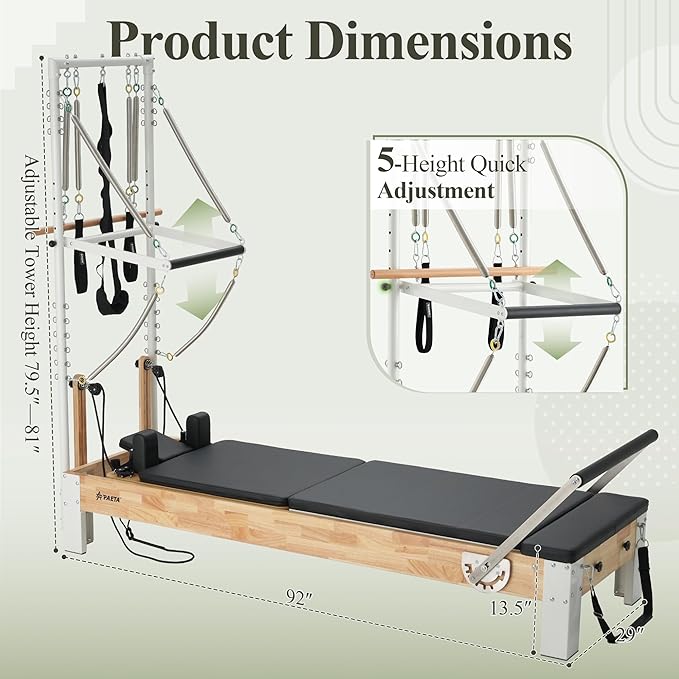 PAETA Pilates Reformer, Wooden Reformer Pilates Machine with Cadillac Trapeze Table, Pilates Equipment for Home Workout and Studio, Includes Sitting Box, Jumpboard