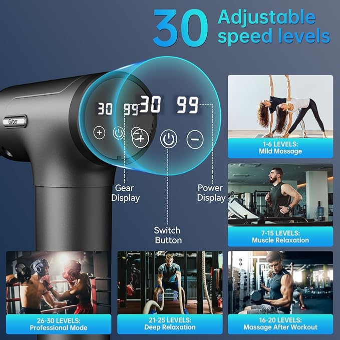 Massage Gun, Massage Gun Deep Tissue, Handheld Back Massager for Athletes, Percussion Muscle Massager with 6 Attachments & 30 Speed, Father's Day, Grey