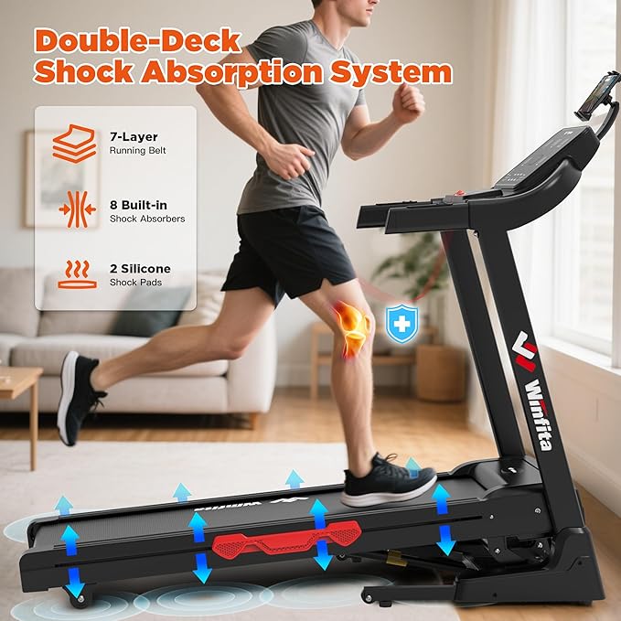 Treadmills for Home, Folding Treadmill with Auto Incline, 300 LBS Capacity, 8MPH or 10MPH Max Speed, Double Deck Shock-Absorbing Running Machine with App, 64 Programs, Pulse Monitor