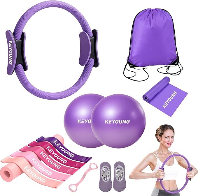 12 Pcs Pilates Equipment kit for Home Workouts, Women's Pilates Essentials Set, Pilates Ring and 2 Ball Accessories Ket, with 5 Resistance Loop, Grip Socks, Resistance Bands, Sculpt Band & Storage Bag