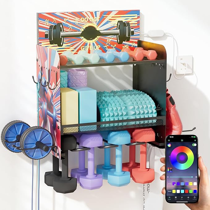 Dumbbell Rack with APP-Controlled LED Lights, Weight Rack for Home Gym Storage, Modern Perforated Wall-Mounted Organizer for Dumbbells, Weight Plates & Accessories, Space Saving
