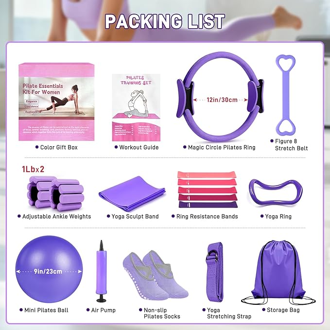 Pilates Ring Set 15 PCS, Home Pilates Essentials Kit for Women, 12" Pilates Ring and 9" Ball Set, Pilates Kit with Ankle Weights 2LB, Resistance Bands, for Toning & Better Me Gifts