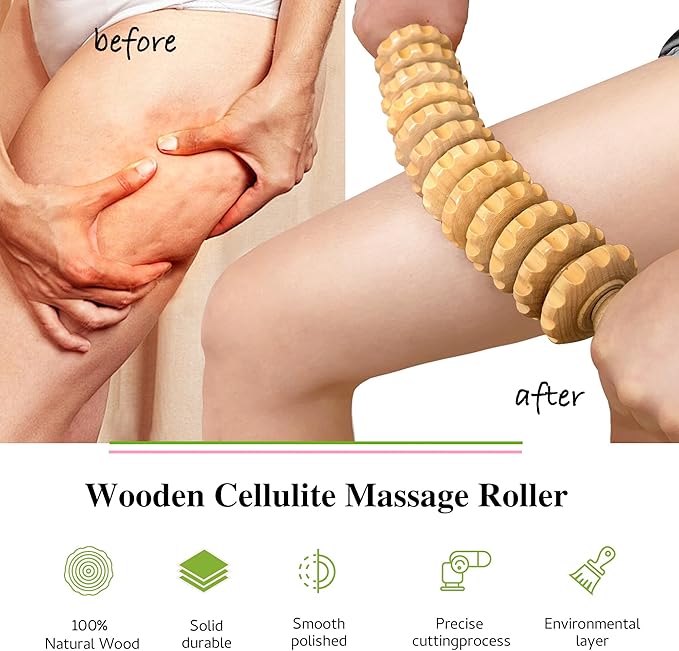 Wooden Curved Handheld Roller Massager Stick- 12 Rollers Wood Therapy Tool for Trigger Point, Fascia & Cellulite Reduction, Lymphatic Drainage, Muscle Tension Relief & Body Shaping (Wood)
