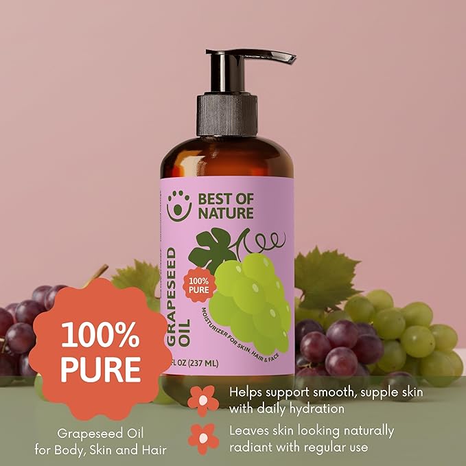 Best of Nature 100% Pure Grapeseed Oil - Unscented, Lightweight, Non-Greasy Moisturizer for Hair, Skin, Face & Aromatherapy, Carrier Oil for Essential Oils, Gallon (128 fl oz)