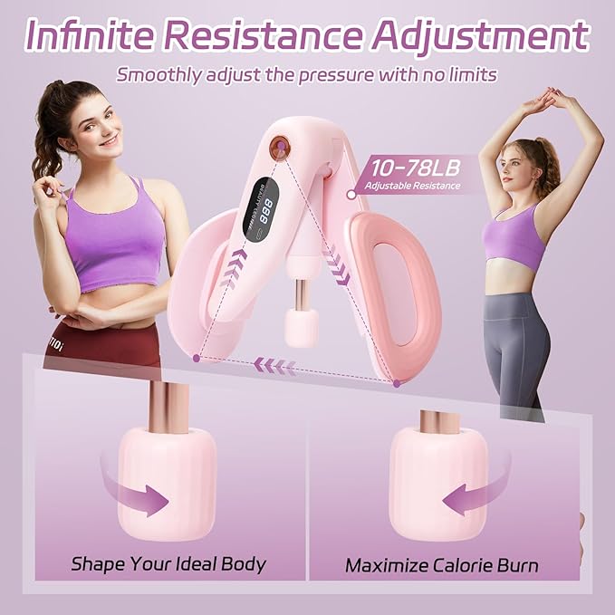 QIUTONG Thigh Trainer 2026 Upgraded, 10-78LB Thigh Trainer Thigh Exerciser, LED Inner Thigh Exerciser, 360° Pelvic Floor Exercise Devices, Hip Trainer Kegel Excerciser, 20LB Resistance Band