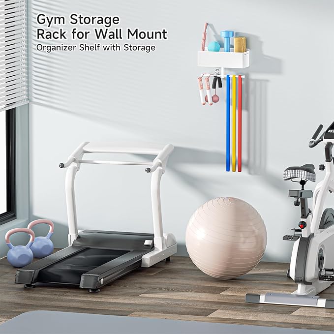 Home Gym Wall Storage, White Resistance Bands Rack Hanger Metal, Wall Mounted Fitness Bands Holder, Multi-Purpose Heavy Duty Workout Gym Storage Rack for Resistance Bands, Straps, Jump Ropes (White)