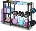 3-Tier Dumbbell Rack Stand Only - Adjustable Weight Rack for Home Gym, Heavy-Duty Weight Stand for Dumbbells Kettlebells Foam Roller Yoga Mats, Workout Equipment Storage Organizer With Hooks