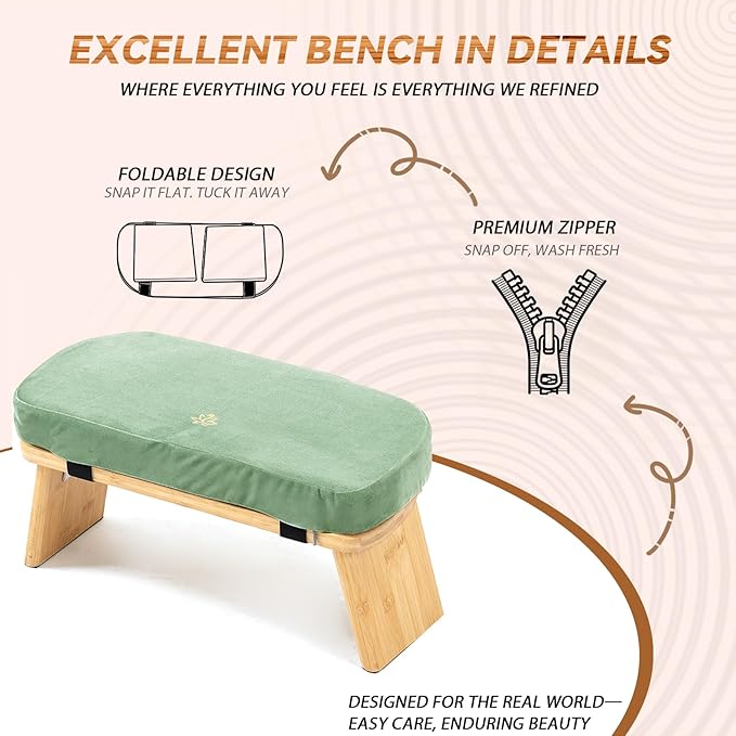 Meditation Bench, Bamboo Meditation Stool, Folding Kneeling Meditation Bench, Seiza Prayer Bench, Prayer Bench with Meditation Cushion, Kneeling Stool(Green)