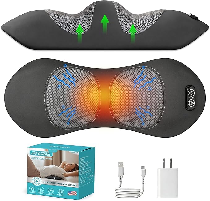 Triple Fusion Back Massager with Heat, Vibration and Smart Lift Support, Triple Fusion Massager with Ergonomic Memory Foam for Comfort and Relaxation, Ideal for Bed and Office Chair, Black